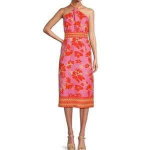 Antonio Melani Naomi Mandarin Floral Printed Linen Halter Dress Pink Orange $189